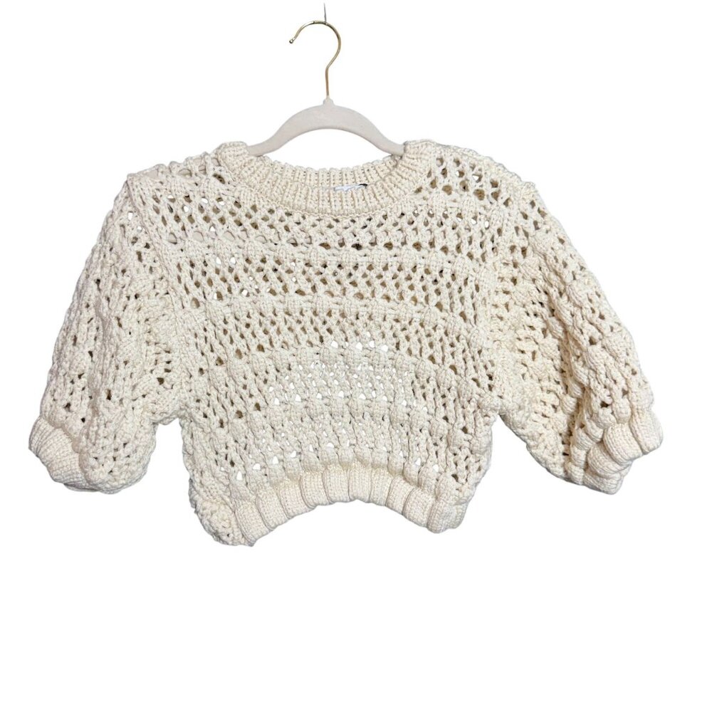 Zara Crochet Knit Open Back Frill Cropped Top Women's Size Medium Cream Winter
